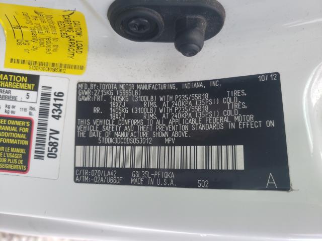 Photo 9 VIN: 5TDDK3DC0DS053012 - TOYOTA SIENNA XLE 