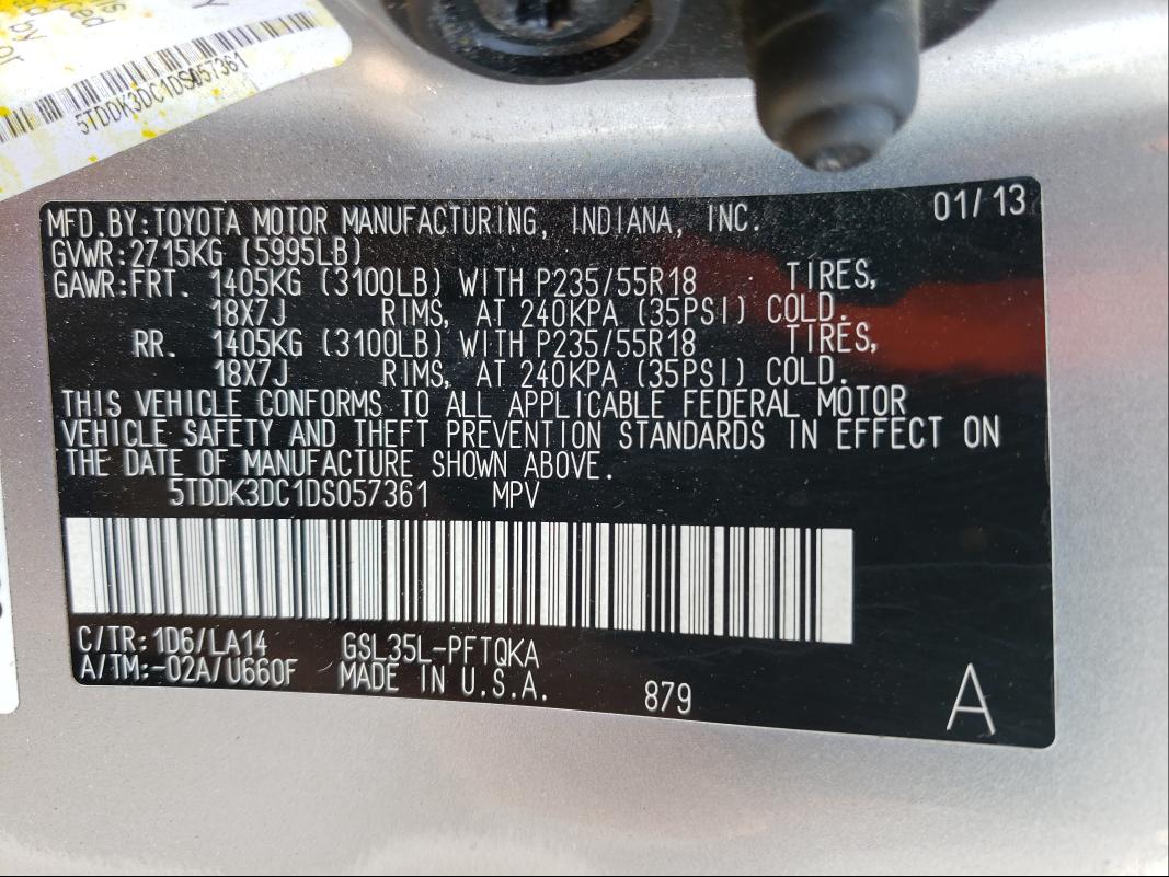 Photo 9 VIN: 5TDDK3DC1DS057361 - TOYOTA SIENNA XLE 