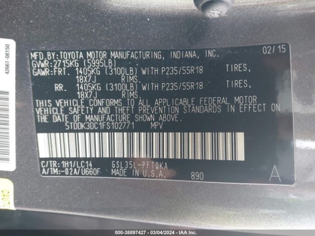 Photo 8 VIN: 5TDDK3DC1FS102771 - TOYOTA SIENNA 