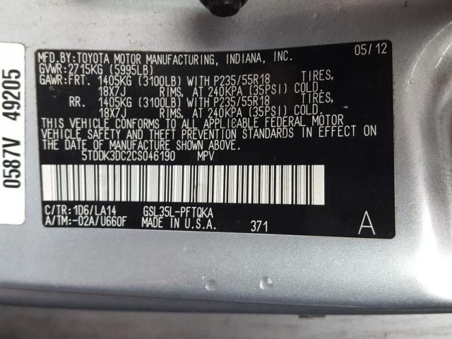 Photo 9 VIN: 5TDDK3DC2CS046190 - TOYOTA SIENNA XLE 