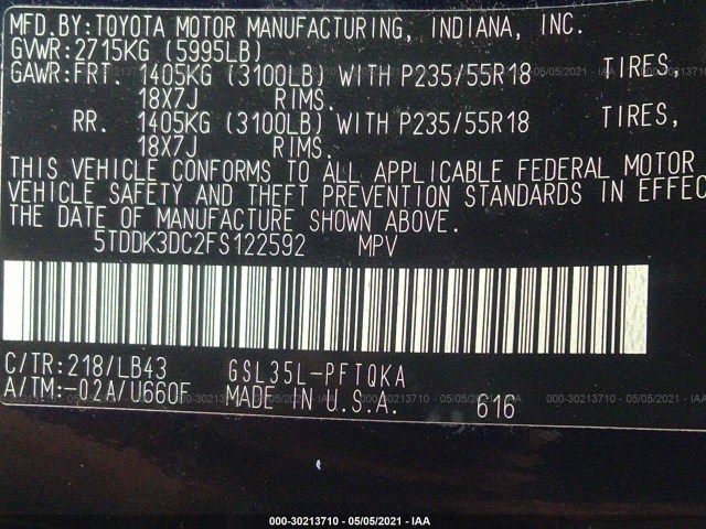 Photo 8 VIN: 5TDDK3DC2FS122592 - TOYOTA SIENNA 