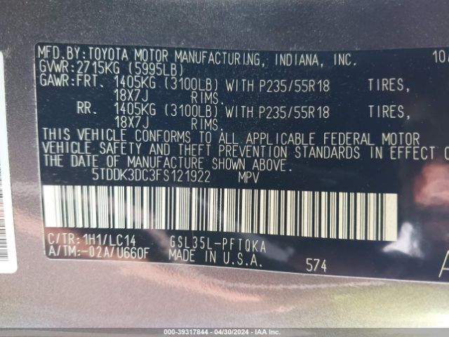 Photo 8 VIN: 5TDDK3DC3FS121922 - TOYOTA SIENNA 