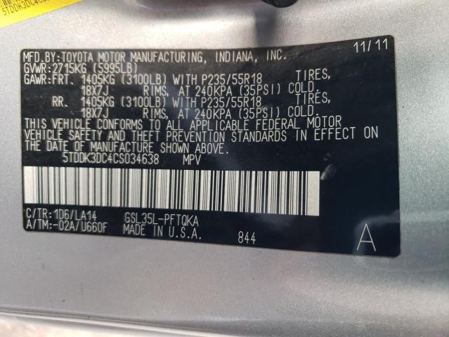 Photo 12 VIN: 5TDDK3DC4CS034638 - TOYOTA SIENNA XLE 