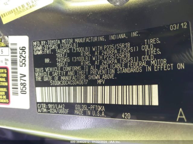 Photo 8 VIN: 5TDDK3DC4CS040617 - TOYOTA SIENNA 