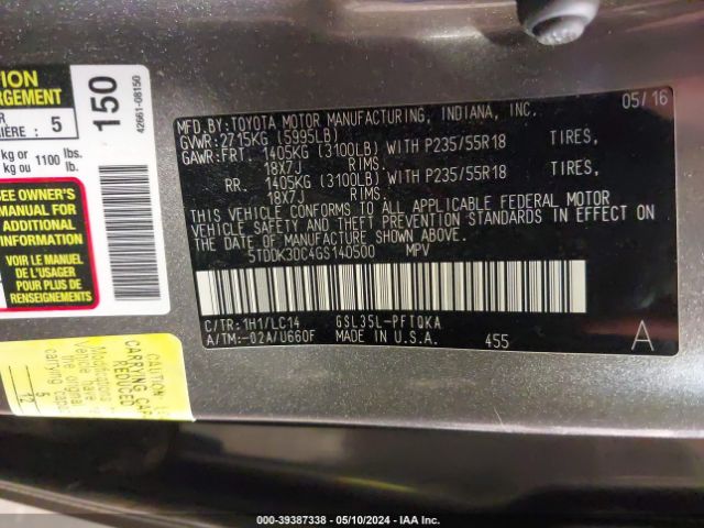 Photo 8 VIN: 5TDDK3DC4GS140500 - TOYOTA SIENNA 