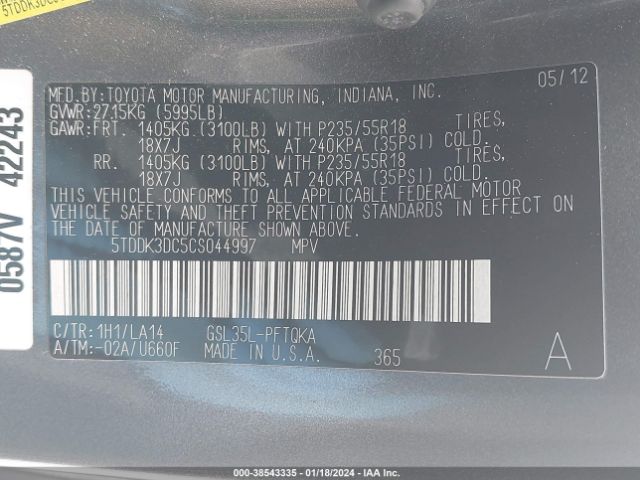 Photo 8 VIN: 5TDDK3DC5CS044997 - TOYOTA SIENNA 