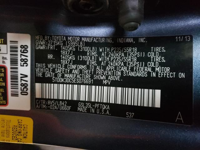 Photo 9 VIN: 5TDDK3DC5ES076691 - TOYOTA SIENNA XLE 