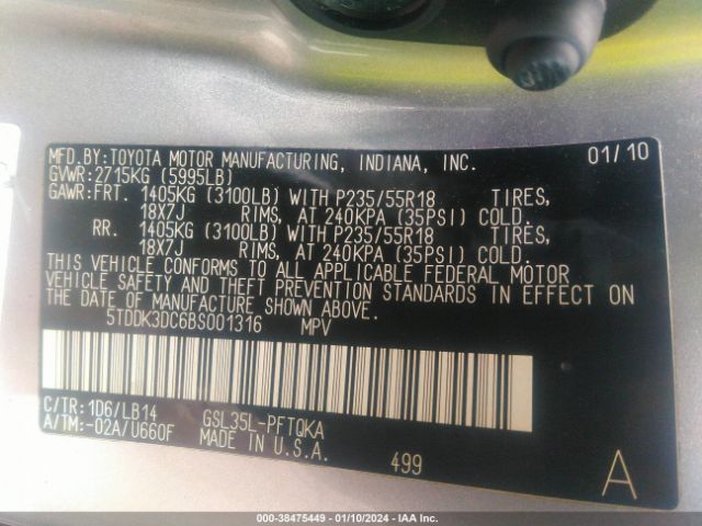 Photo 8 VIN: 5TDDK3DC6BS001316 - TOYOTA SIENNA 