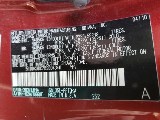 Photo 9 VIN: 5TDDK3DC7BS004340 - TOYOTA SIENNA XLE 