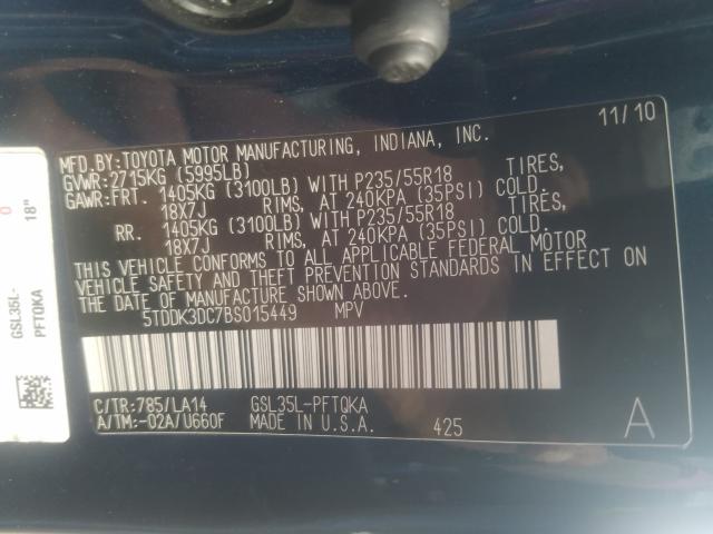 Photo 9 VIN: 5TDDK3DC7BS015449 - TOYOTA SIENNA XLE 