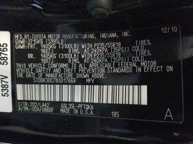 Photo 9 VIN: 5TDDK3DC7BS017668 - TOYOTA SIENNA XLE 