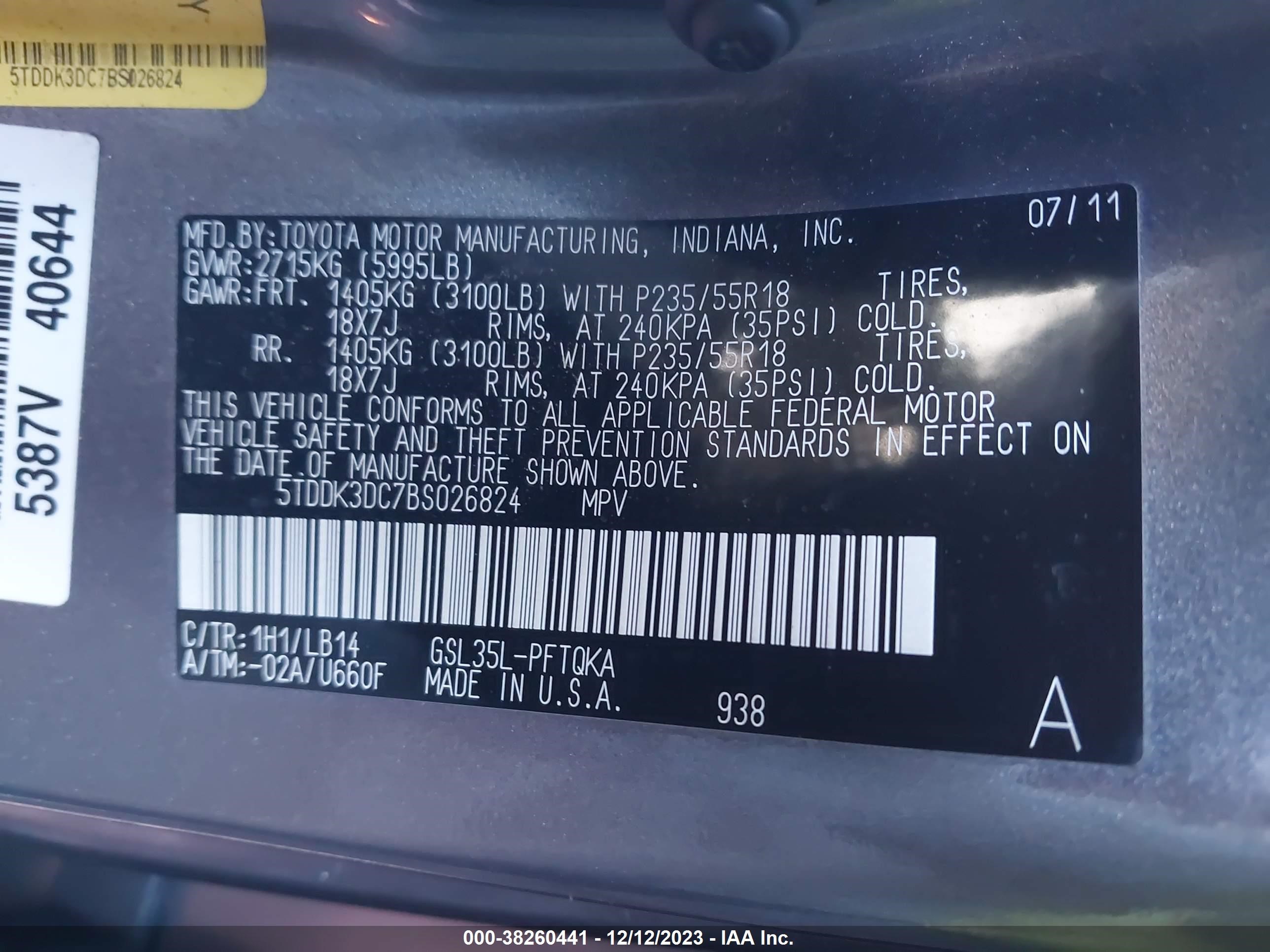 Photo 8 VIN: 5TDDK3DC7BS026824 - TOYOTA SIENNA 