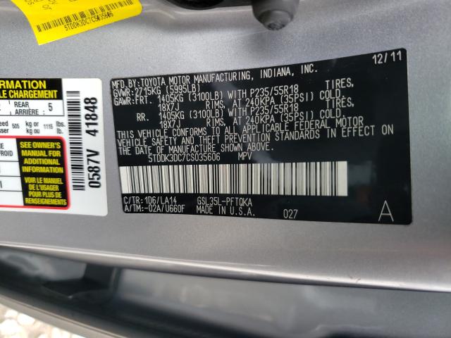 Photo 9 VIN: 5TDDK3DC7CS035606 - TOYOTA SIENNA XLE 