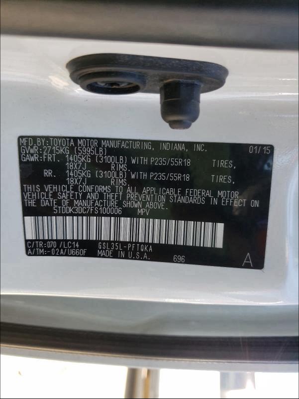 Photo 9 VIN: 5TDDK3DC7FS100006 - TOYOTA SIENNA XLE 