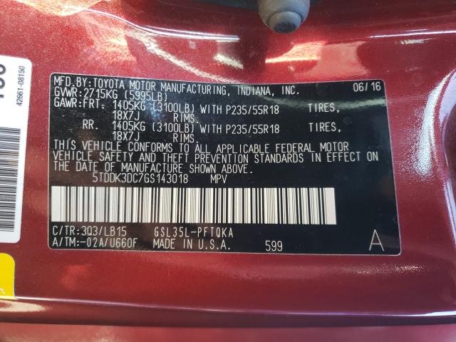 Photo 9 VIN: 5TDDK3DC7GS143018 - TOYOTA SIENNA XLE 