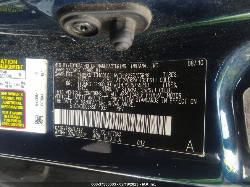 Photo 8 VIN: 5TDDK3DC8BS011037 - TOYOTA SIENNA 