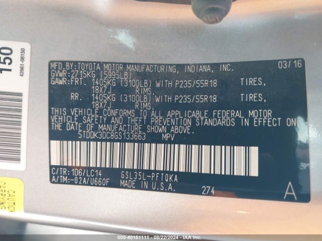 Photo 8 VIN: 5TDDK3DC8GS133663 - TOYOTA SIENNA 