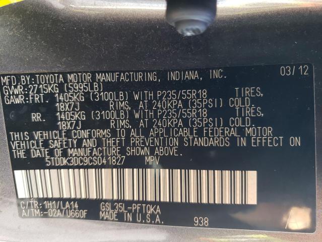 Photo 12 VIN: 5TDDK3DC9CS041827 - TOYOTA SIENNA XLE 