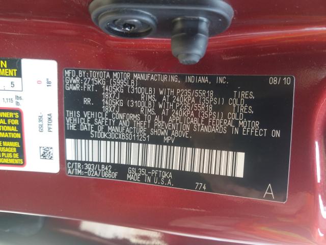 Photo 9 VIN: 5TDDK3DCXBS011251 - TOYOTA SIENNA XLE 