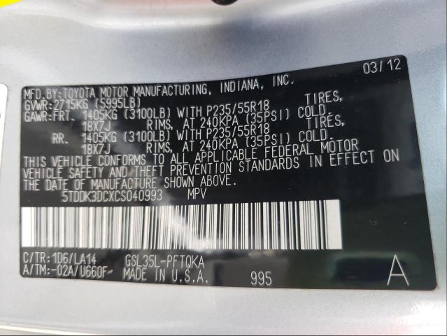 Photo 9 VIN: 5TDDK3DCXCS040993 - TOYOTA SIENNA XLE 