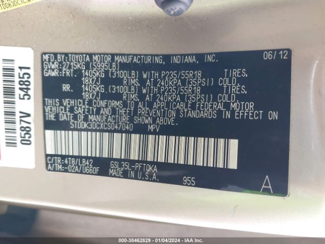 Photo 8 VIN: 5TDDK3DCXCS047040 - TOYOTA SIENNA 