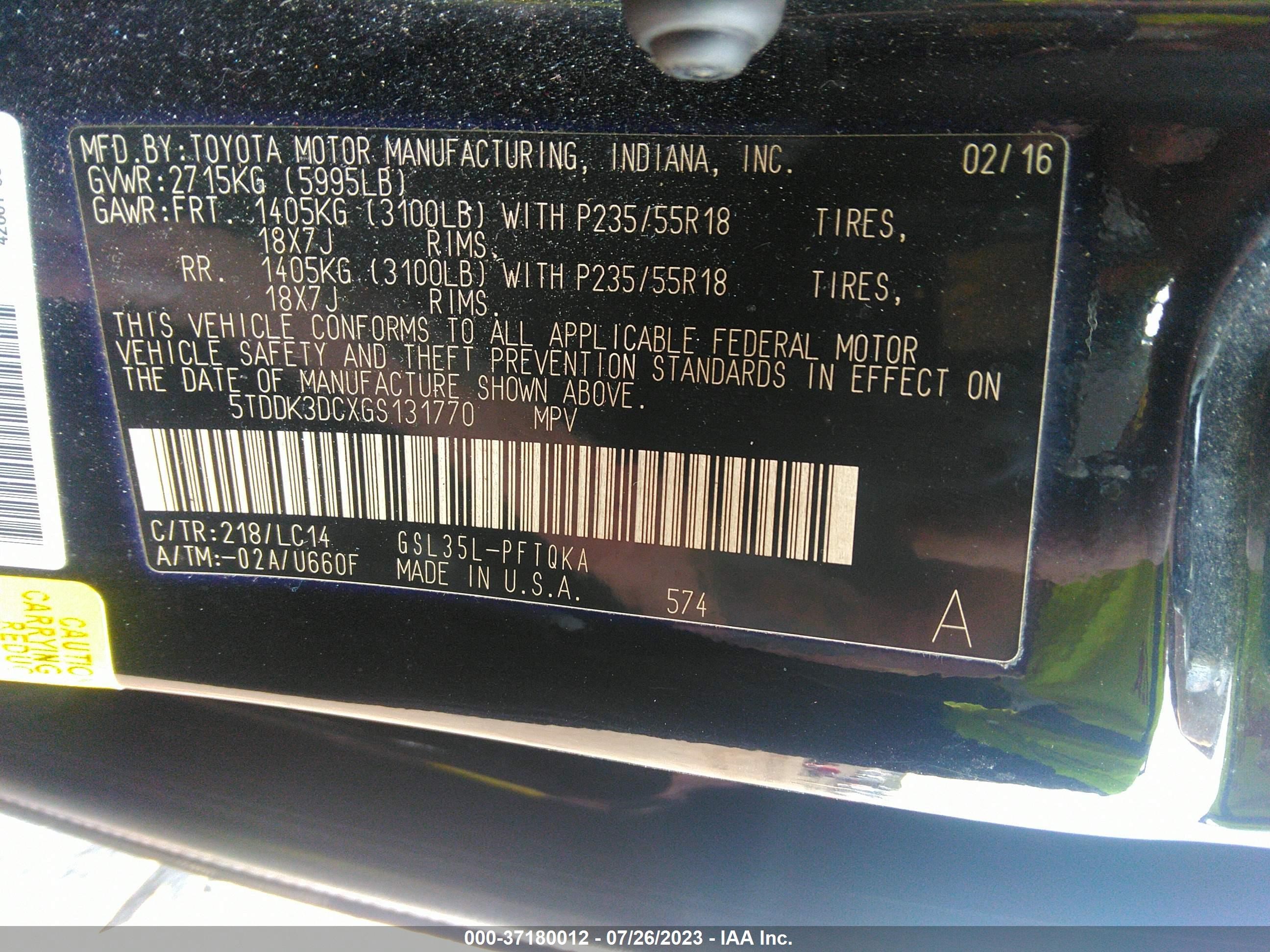 Photo 8 VIN: 5TDDK3DCXGS131770 - TOYOTA SIENNA 