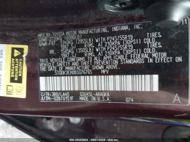 Photo 8 VIN: 5TDDK3EH0BS076765 - TOYOTA HIGHLANDER 