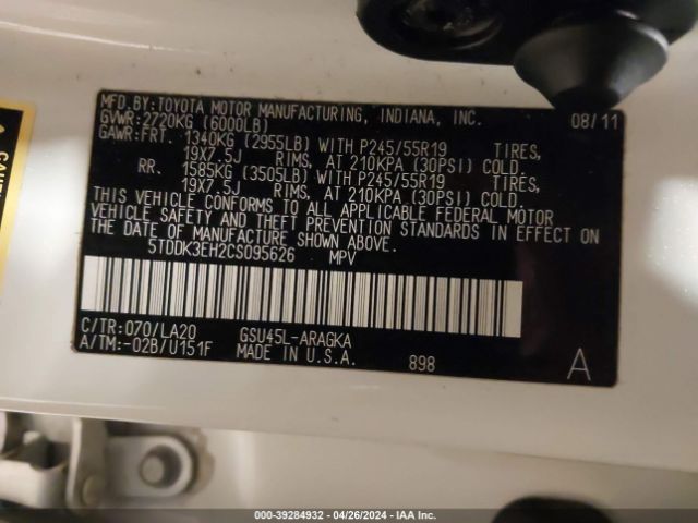 Photo 8 VIN: 5TDDK3EH2CS095626 - TOYOTA HIGHLANDER 