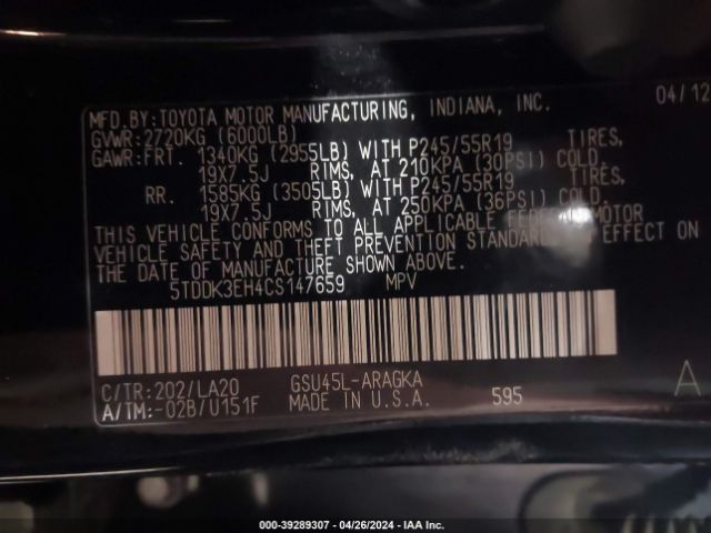 Photo 8 VIN: 5TDDK3EH4CS147659 - TOYOTA HIGHLANDER 