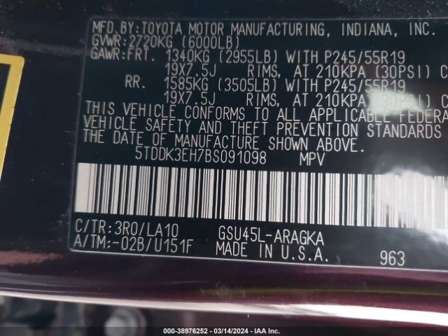 Photo 8 VIN: 5TDDK3EH7BS091098 - TOYOTA HIGHLANDER 