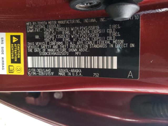 Photo 9 VIN: 5TDDK3EH9AS025070 - TOYOTA HIGHLANDER 