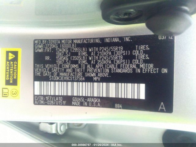 Photo 8 VIN: 5TDDK3EH9CS137564 - TOYOTA HIGHLANDER 