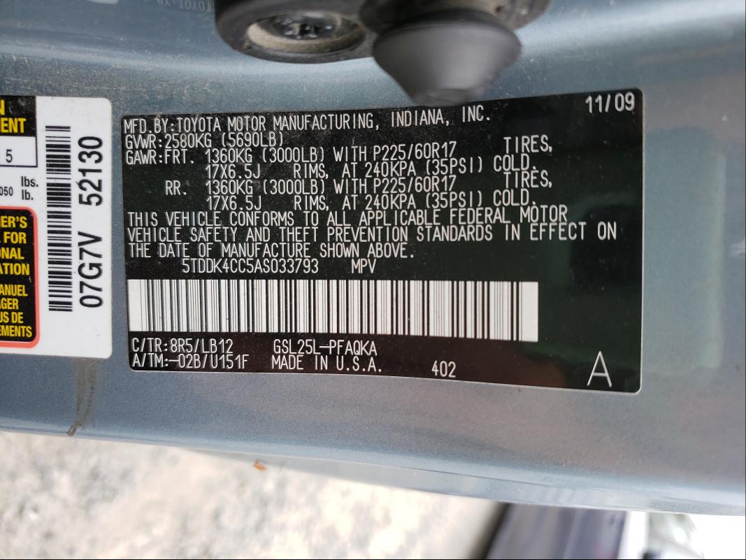 Photo 9 VIN: 5TDDK4CC5AS033793 - TOYOTA SIENNA XLE 