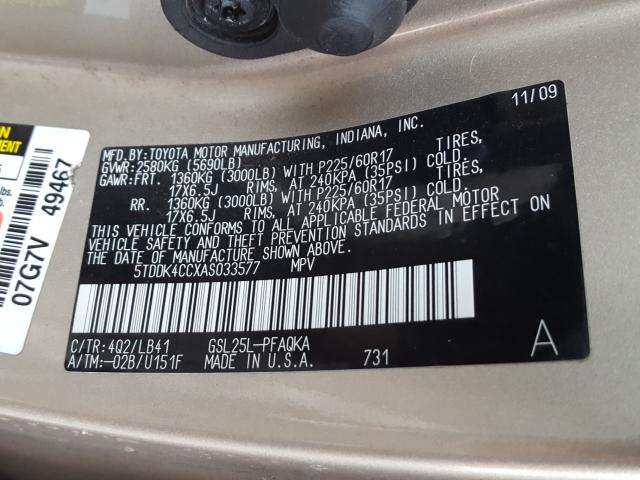 Photo 9 VIN: 5TDDK4CCXAS033577 - TOYOTA SIENNA XLE 