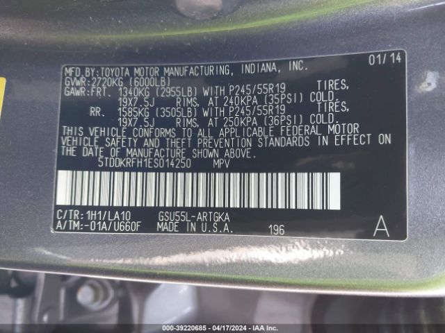 Photo 8 VIN: 5TDDKRFH1ES014250 - TOYOTA HIGHLANDER 