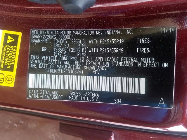 Photo 9 VIN: 5TDDKRFH2FS106744 - TOYOTA HIGHLANDER 