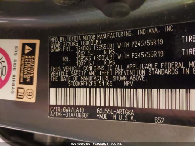 Photo 8 VIN: 5TDDKRFH2FS151165 - TOYOTA HIGHLANDER 