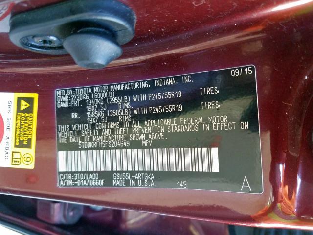 Photo 9 VIN: 5TDDKRFH5FS204649 - TOYOTA HIGHLANDER 