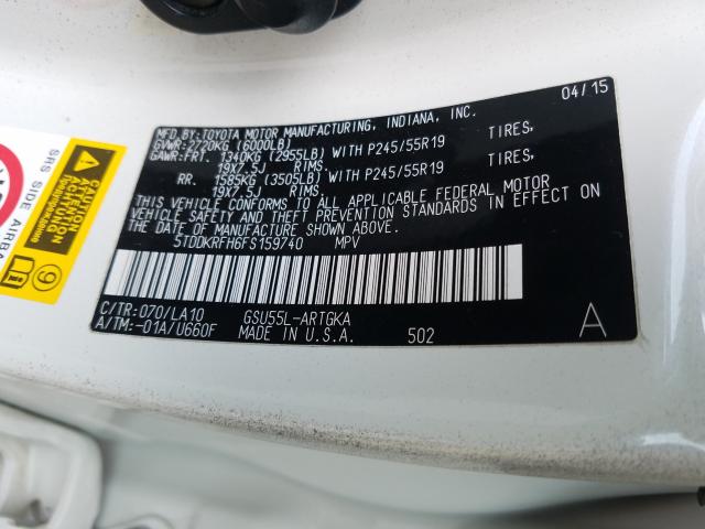 Photo 9 VIN: 5TDDKRFH6FS159740 - TOYOTA HIGHLANDER 