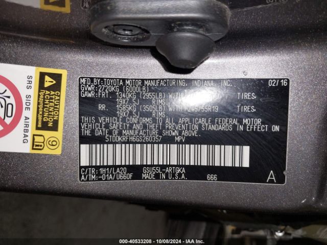 Photo 8 VIN: 5TDDKRFH6GS260357 - TOYOTA HIGHLANDER 