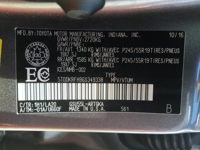 Photo 9 VIN: 5TDDKRFH9GS349338 - TOYOTA HIGHLANDER 