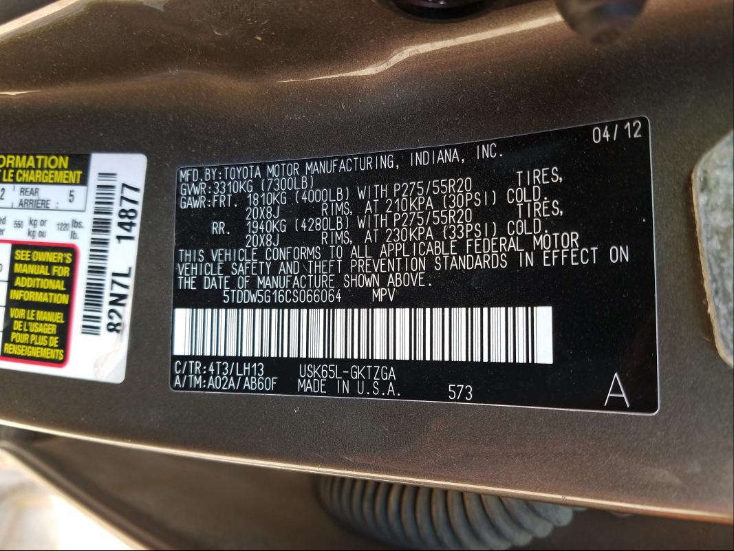 Photo 9 VIN: 5TDDW5G16CS066064 - TOYOTA SEQUOIA PL 