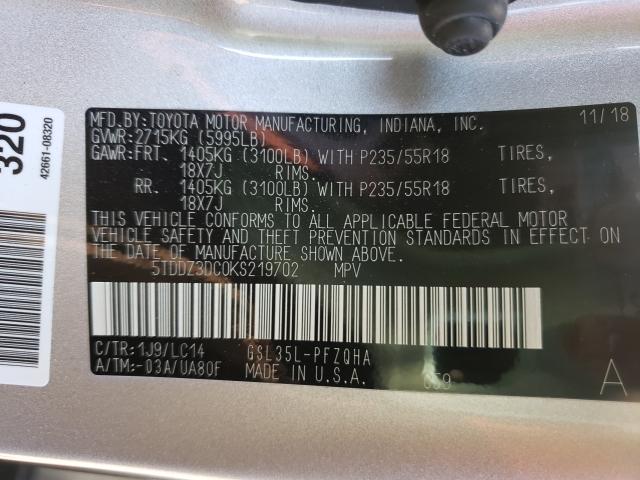 Photo 9 VIN: 5TDDZ3DC0KS219702 - TOYOTA SIENNA XLE 