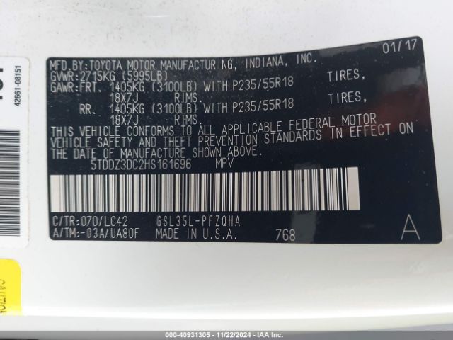 Photo 8 VIN: 5TDDZ3DC2HS161696 - TOYOTA SIENNA 