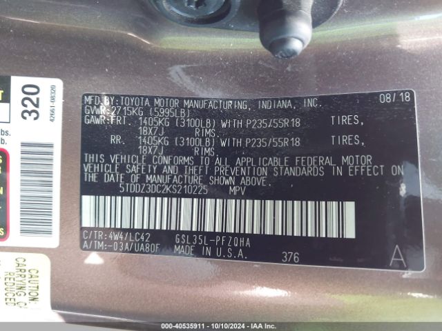 Photo 8 VIN: 5TDDZ3DC2KS210225 - TOYOTA SIENNA 