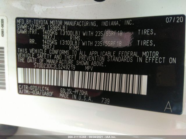 Photo 8 VIN: 5TDDZ3DC2LS249219 - TOYOTA SIENNA 