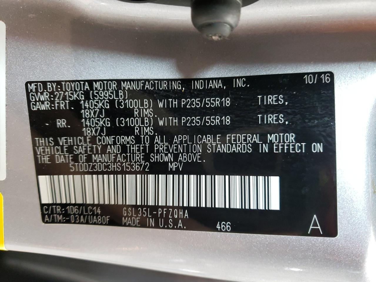 Photo 12 VIN: 5TDDZ3DC3HS153672 - TOYOTA SIENNA 