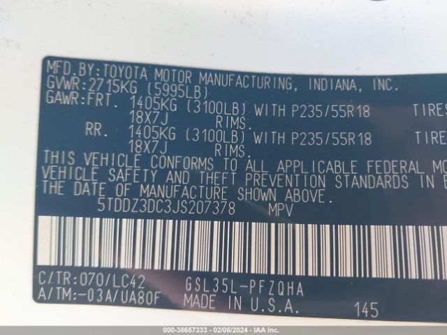 Photo 8 VIN: 5TDDZ3DC3JS207378 - TOYOTA SIENNA 