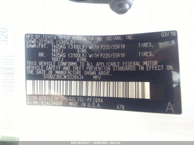 Photo 8 VIN: 5TDDZ3DC3KS226434 - TOYOTA SIENNA 