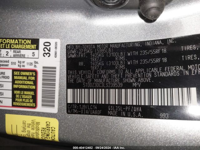 Photo 8 VIN: 5TDDZ3DC3LS239539 - TOYOTA SIENNA 